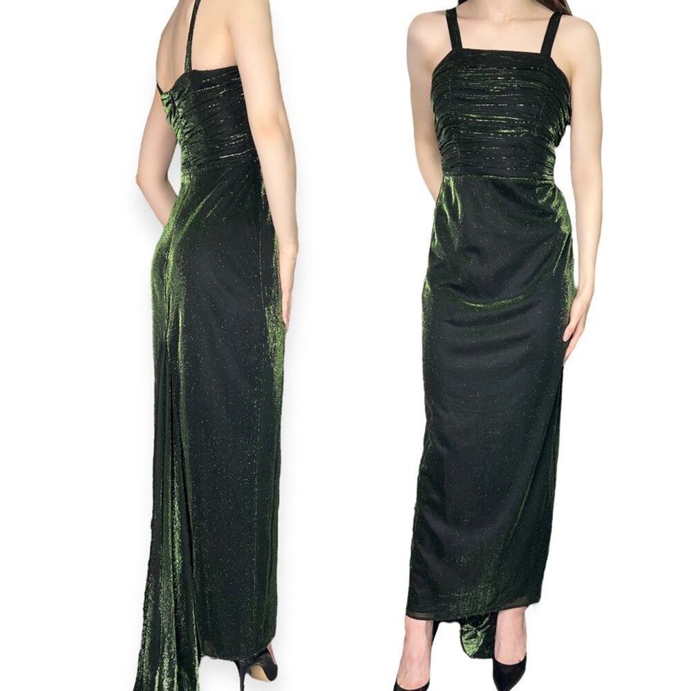 Vintage 90s Shimmy Ruched Green Formal Dress with Train